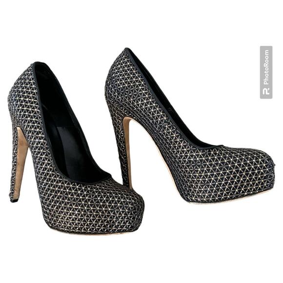 Brian Atwood Pumps Maniac Platform Black Crystal Net PLATFORMS HEELS 7.5 (37.5) - Picture 2 of 4